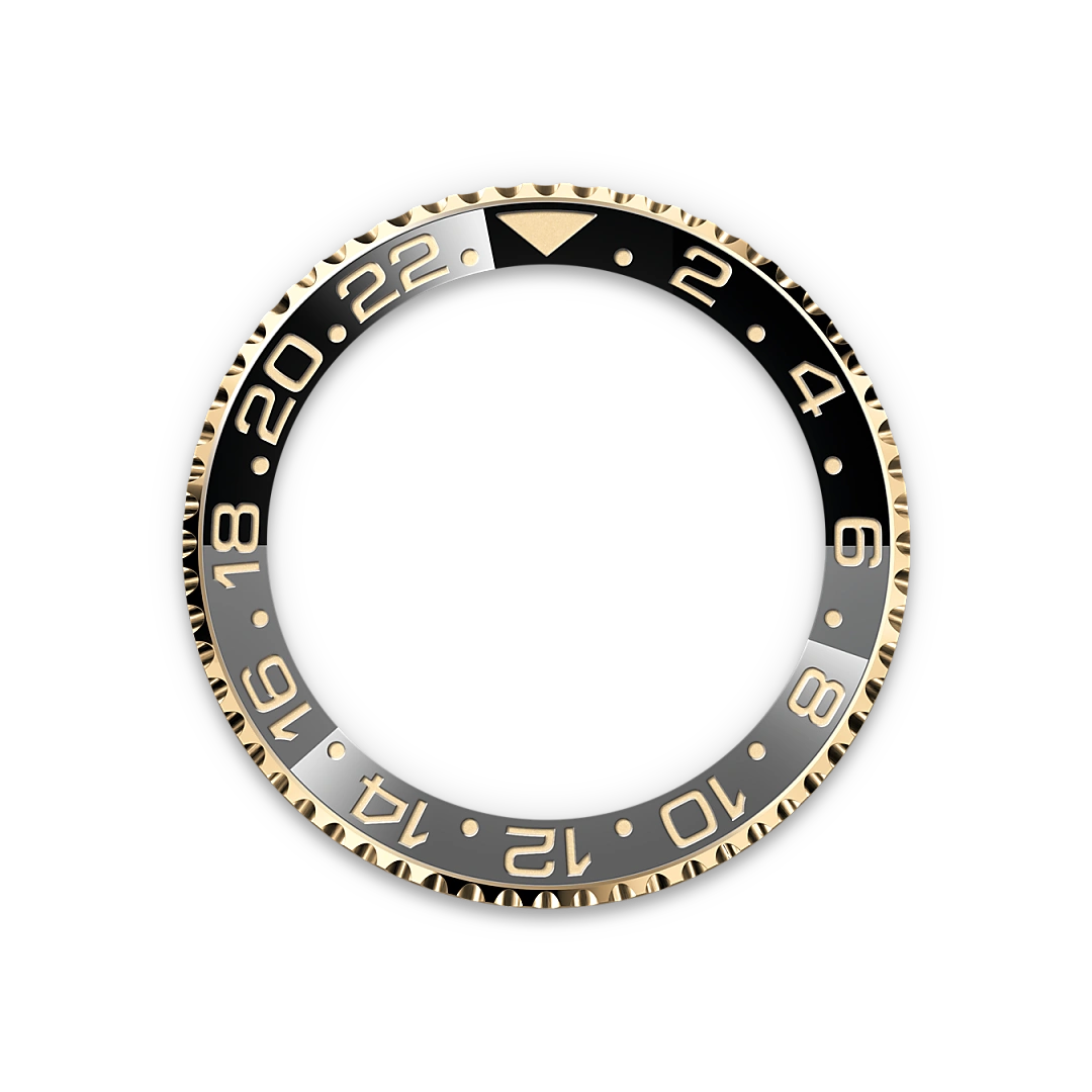 Yellow-gold, black and grey Rolex GMT-Master II bezel on a transparent background.