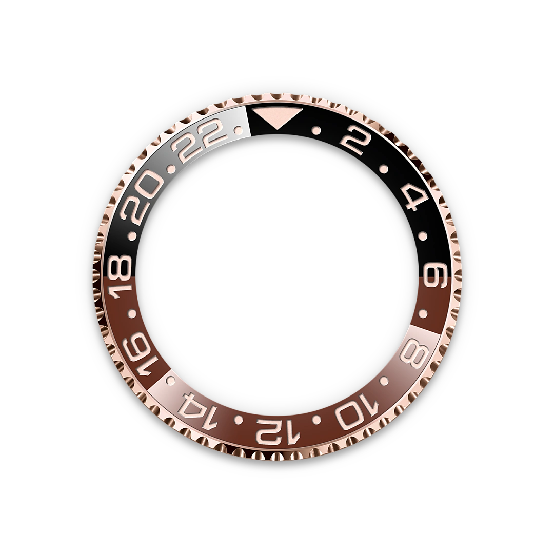 Rose-gold, black and brown Rolex GMT-Master II bezel on a transparent background.