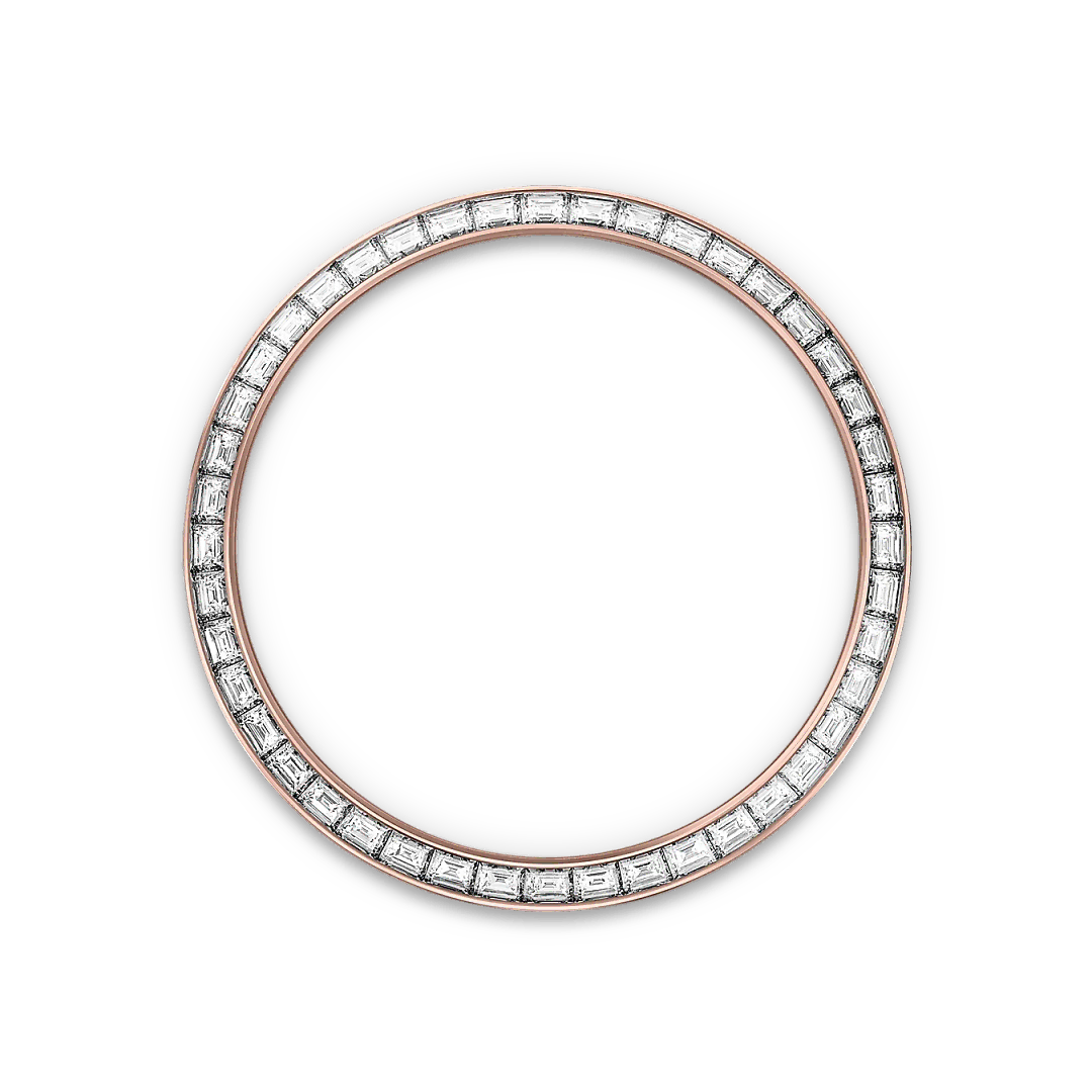 Rose-gold and diamond-set Rolex bezel on a transparent background.