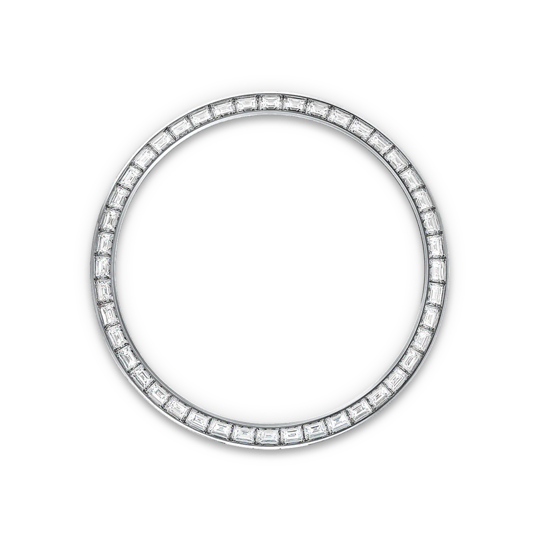White-gold and diamond-set Rolex bezel on a transparent background.