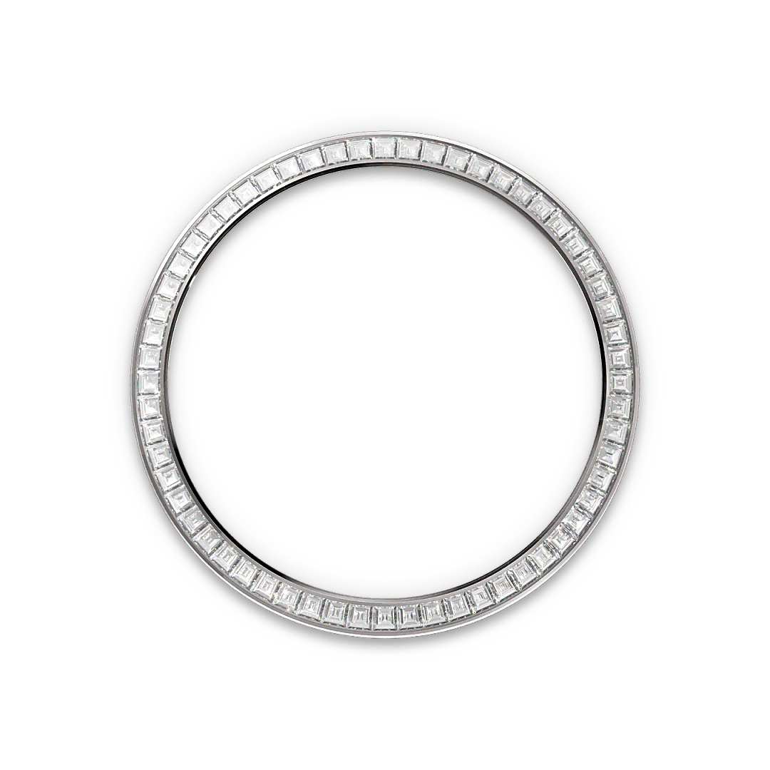 White-gold and diamond-set Rolex bezel on a transparent background.