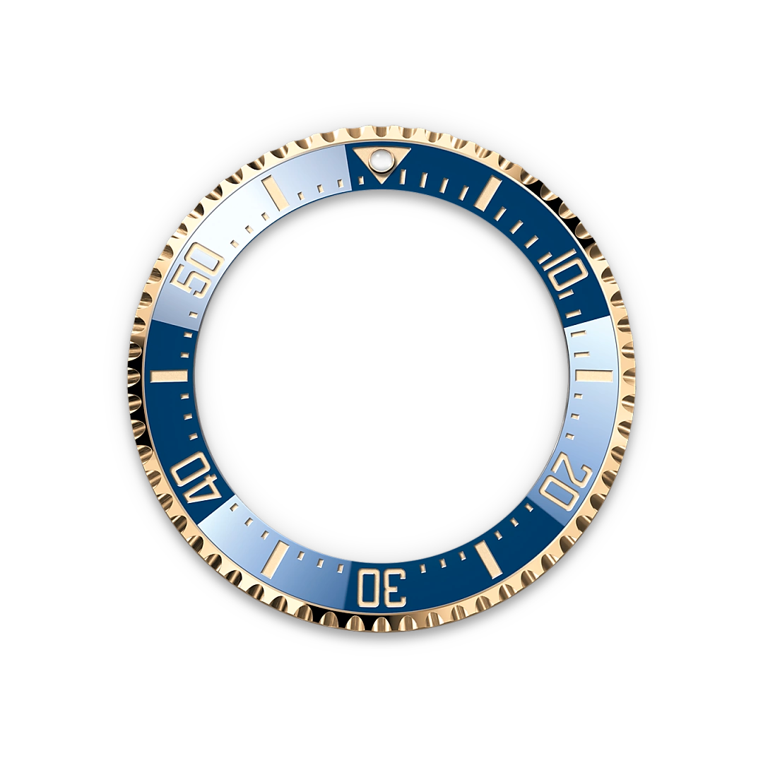 Yellow-gold and blue Rolex Deepsea bezel on a transparent background.