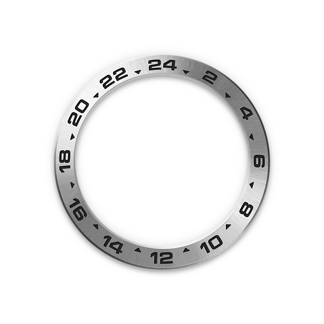 Steel Rolex Explorer II bezel on a transparent background.