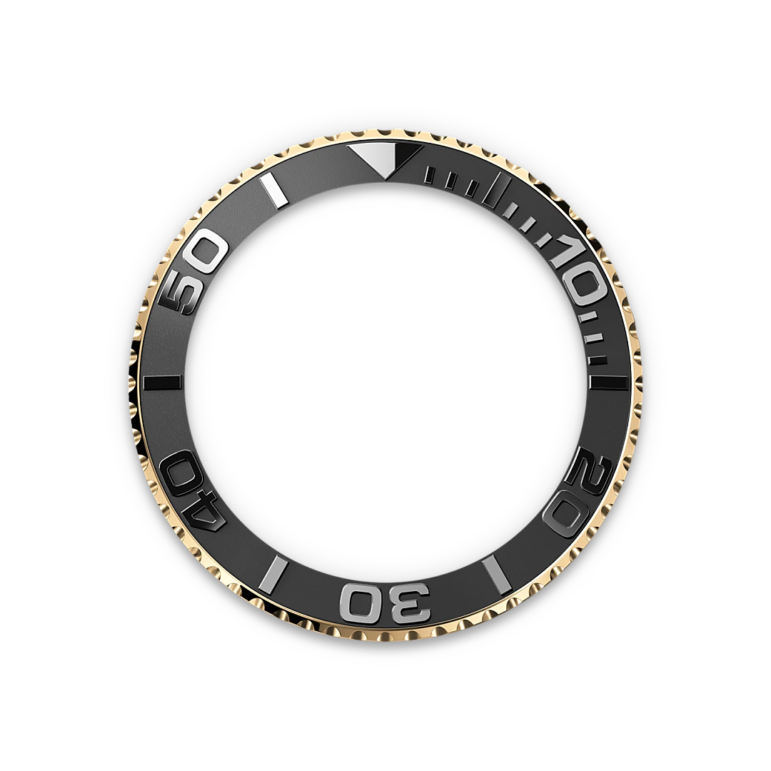 Yellow-gold and black Rolex Yacht-Master bezel on a transparent background.