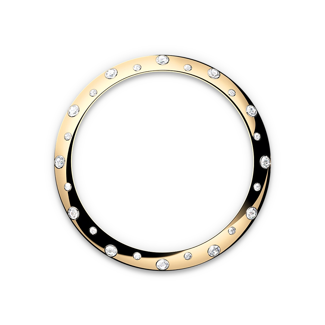 Yellow-gold and diamond-set Rolex bezel on a transparent background.