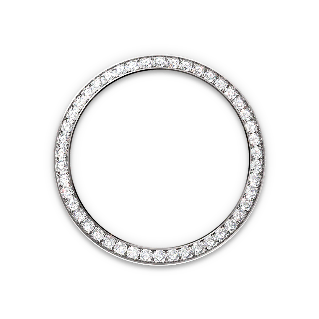 White-gold and diamond-set Rolex bezel on a transparent background.