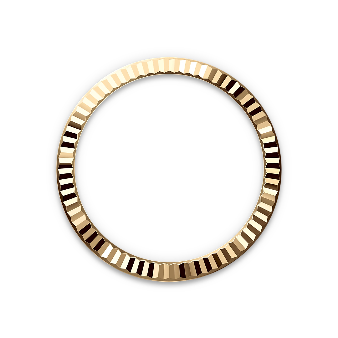 Yellow gold-fluted Rolex bezel on a transparent background.