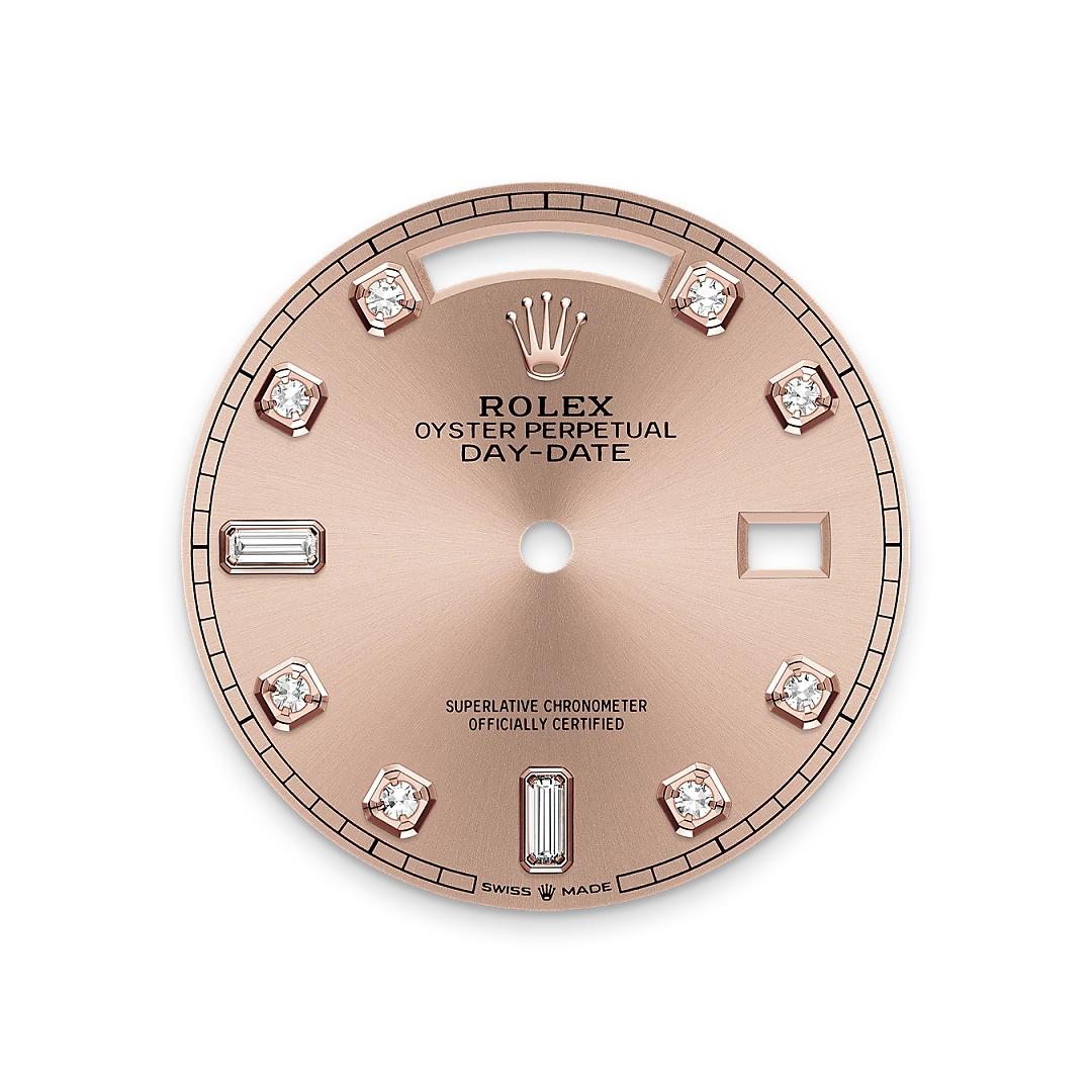 Rose gold-colour watch dial with diamond accents and Rolex branding
