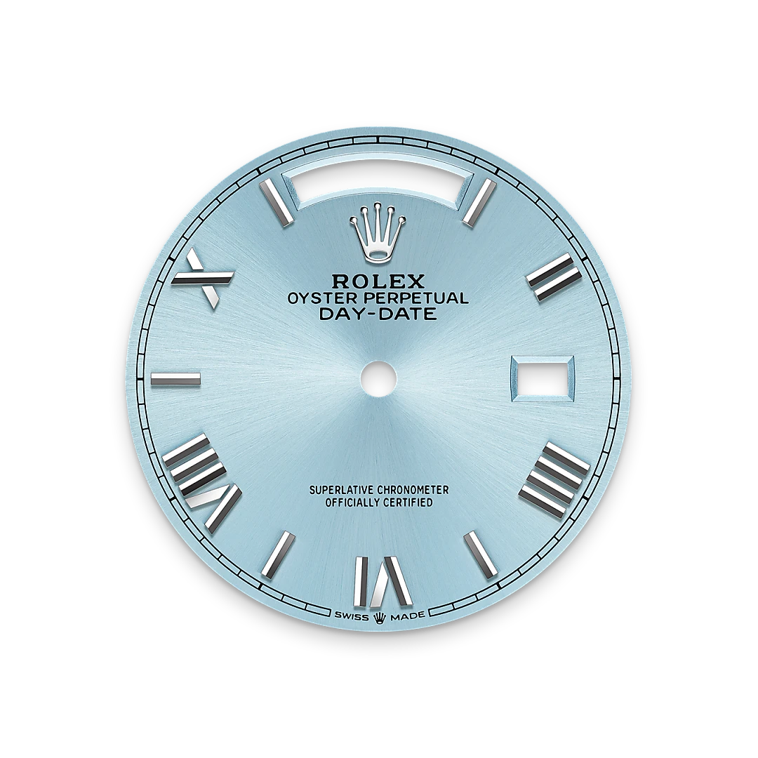Ice blue Rolex Day-Date dial with roman indexes on a transparent background.