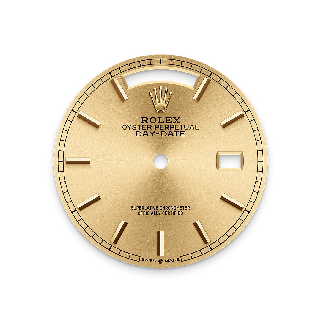 Gold-colour Rolex Day-Date dial on a transparent background.