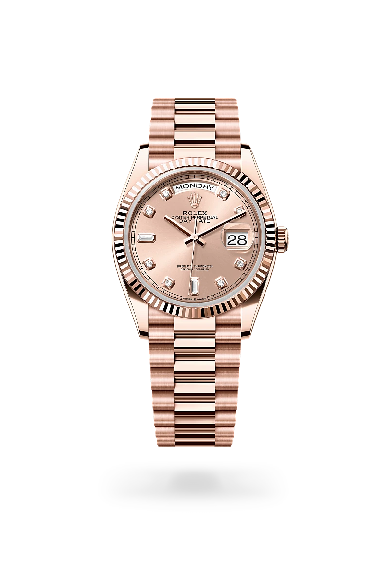 Rolex Day-Date 36 in Everose gold, with a rose-colour dial, fluted bezel, and President bracelet on a light background.