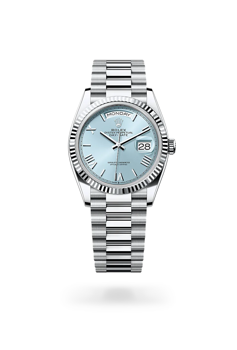 Rolex Day-Date watch with a platinum President bracelet and ice blue dial on a white background.