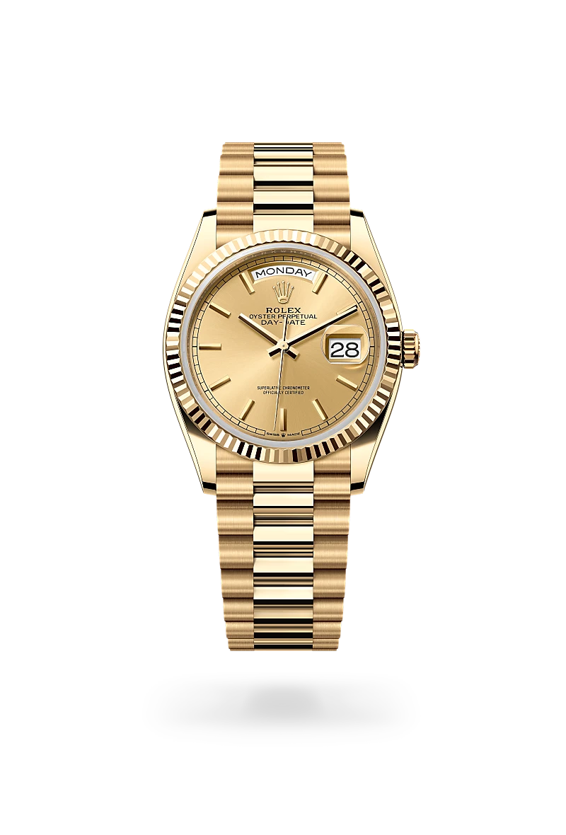 Yellow-gold Rolex Day-Date watch with a President bracelet and gold-colour dial on a transparent background.