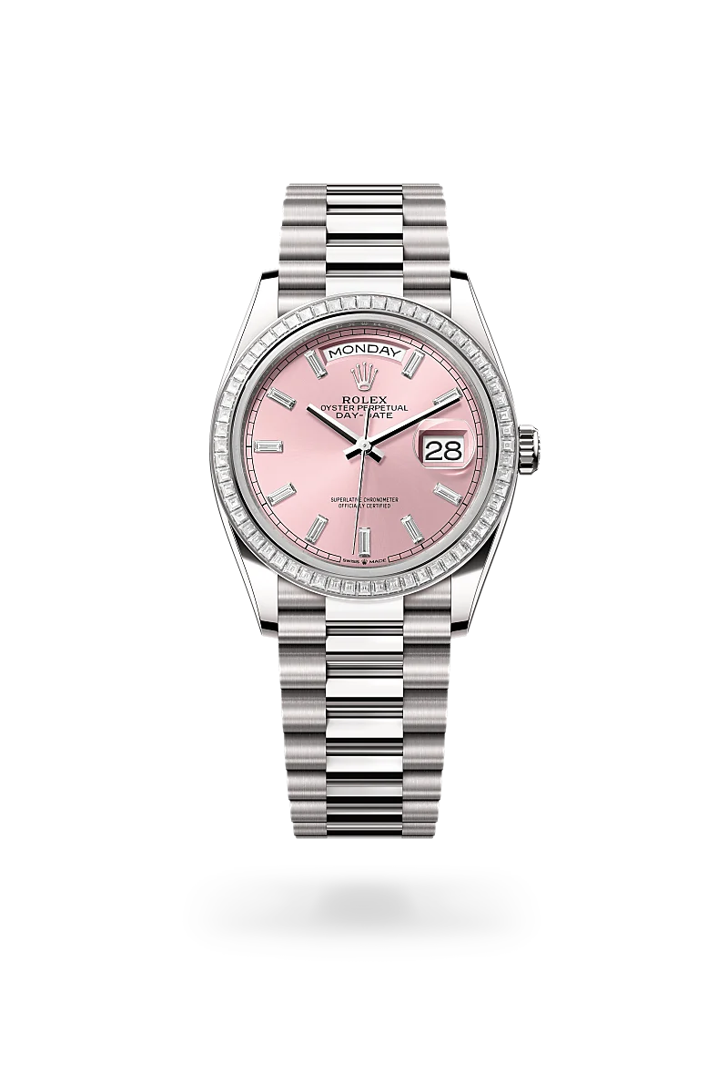 White-gold Rolex Day-Date watch with diamond bezel, President bracelet and pink dial on a transparent background.