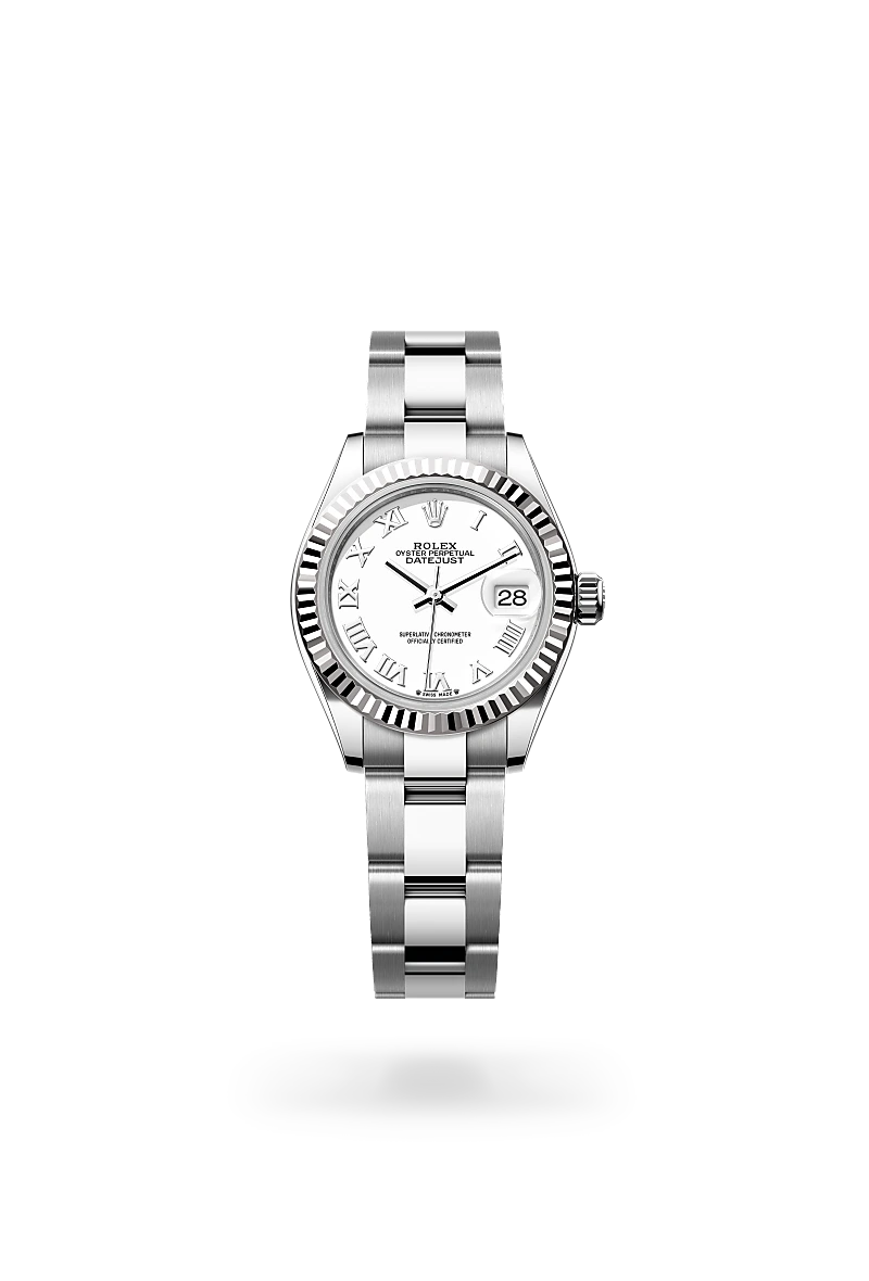 Rolex Lady-Datejust with a steel Oyster bracelet, fluted bezel and white dial on a transparent background.