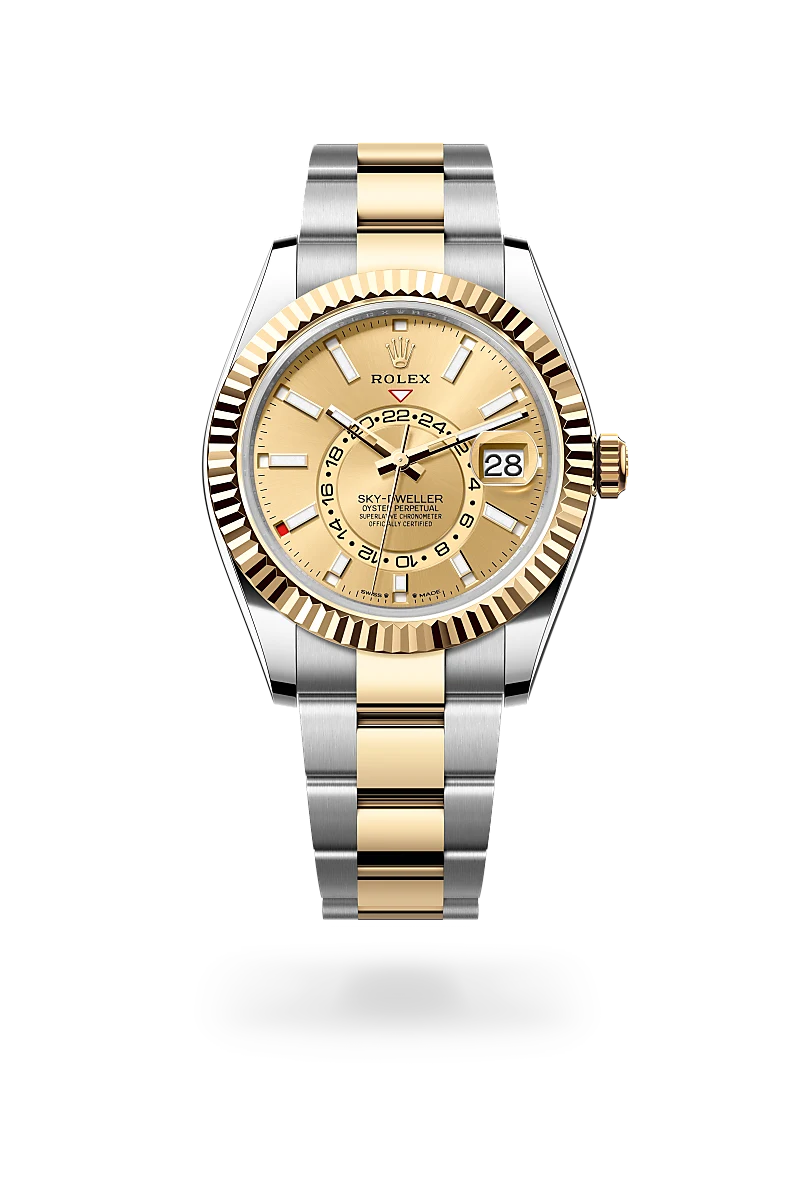 Rolex Sky-Dweller watch with a steel and yellow-gold bracelet and champagne dial.