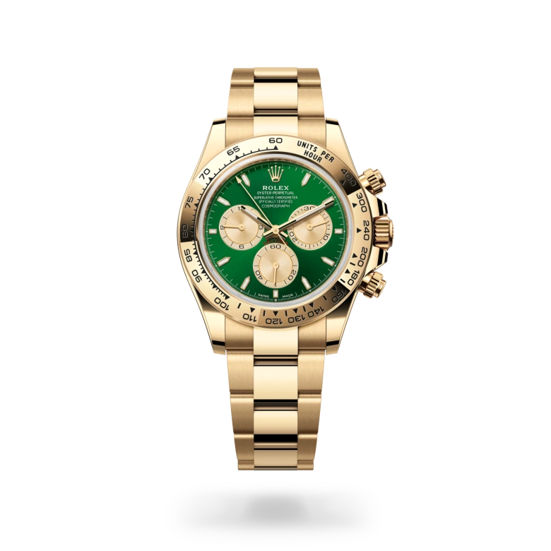 Rolex Cosmograph Daytona with 40mm yellow gold case, Oyster bracelet and green dial.