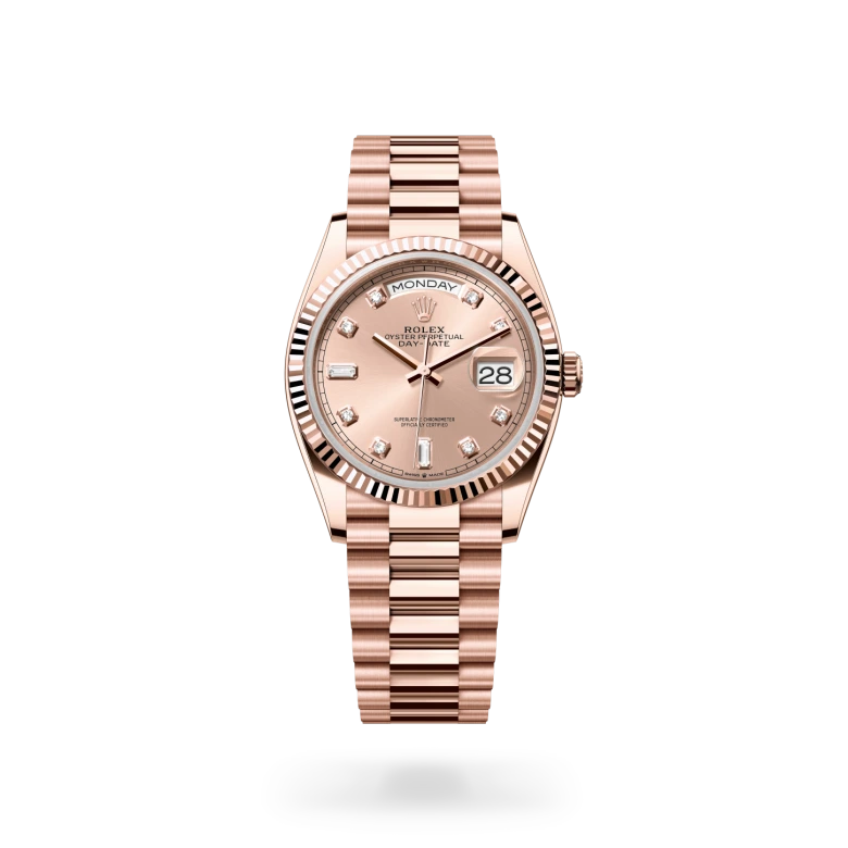 Rolex Day-Date 36 in Everose gold, with a rose-colour dial, fluted bezel, and President bracelet on a light background.