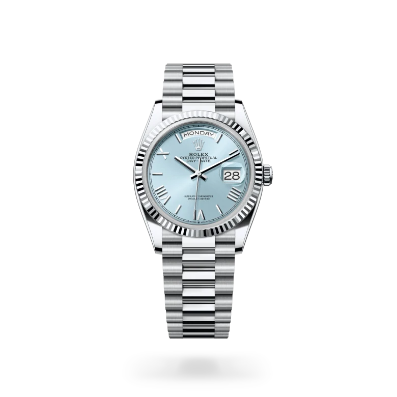 Rolex Day-Date watch with a platinum President bracelet and ice blue dial on a white background.