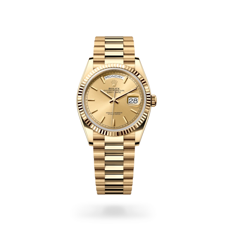 Yellow-gold Rolex Day-Date watch with a President bracelet and gold-colour dial on a transparent background.
