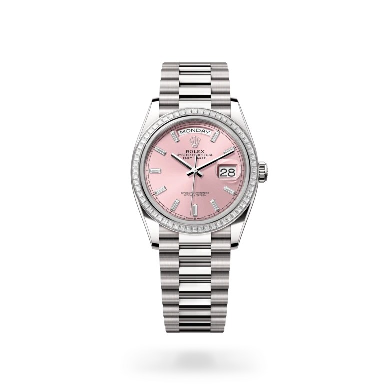 White-gold Rolex Day-Date watch with diamond bezel, President bracelet and pink dial on a transparent background.