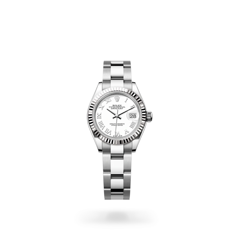 Rolex Lady-Datejust with a steel Oyster bracelet, fluted bezel and white dial on a transparent background.