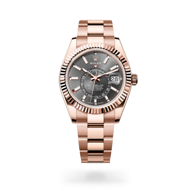 Rolex Sky-Dweller with 42mm Everose gold case, Oyster bracelet and slate dial.