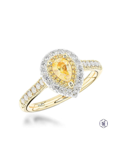 Skye Duo Pear 0.43ct Pear Cut Yellow Diamond Halo Ring in 18ct Yellow Gold with Diamond Shoulders