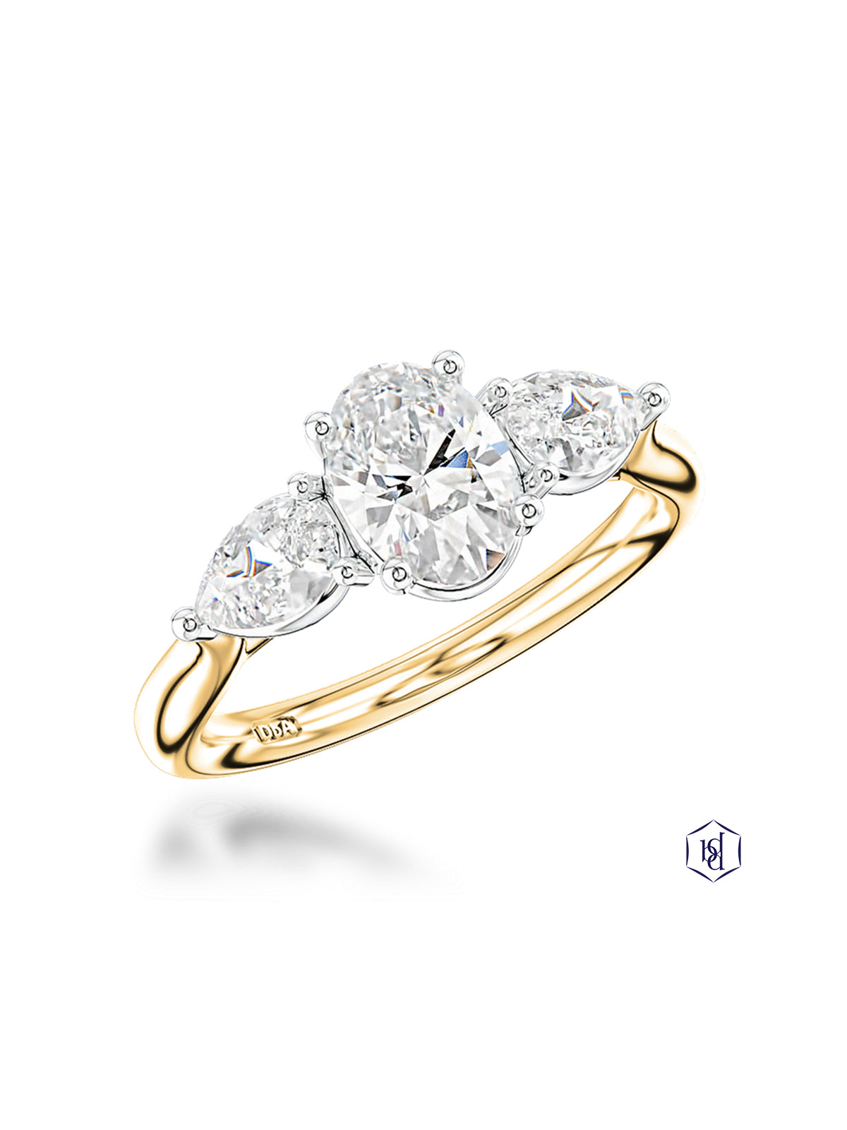 Florentine Oval 0.38ct Oval & 0.20ct Pear Cut Diamond Three Stone Ring in 18ct Yellow Gold