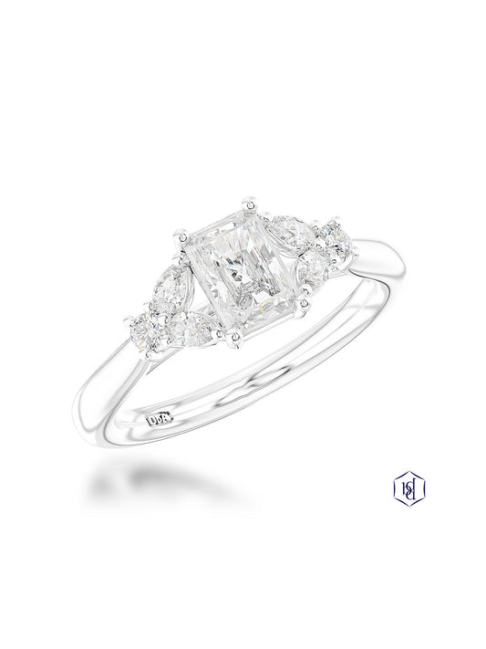 Amara Radiant 0.61ct Diamond Radiant Cut Solitaire Ring in Platinum with Pear & Brilliant Cut Diamond Shoulders