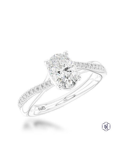 Skye Twist Oval 0.80ct Diamond Oval Cut Solitaire Ring in Platinum with Diamond Shoulders
