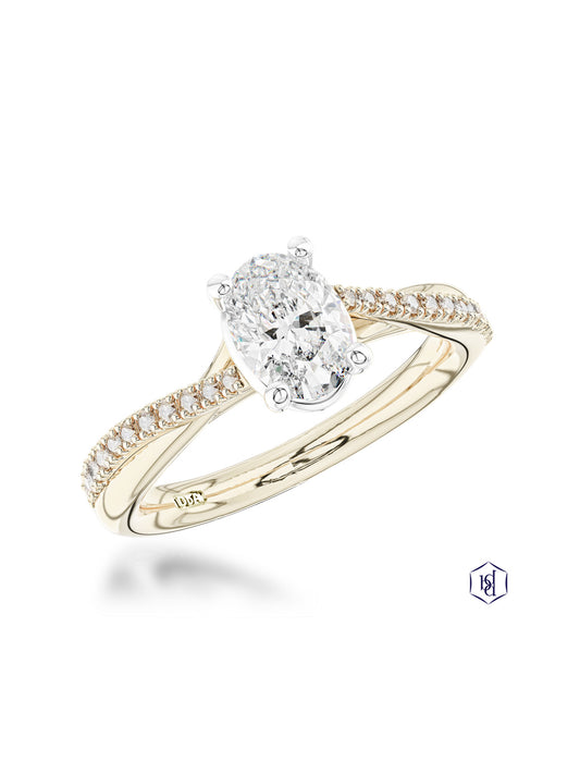 Skye Twist Oval 0.60ct Diamond Oval Cut Solitaire Ring in 18ct Yellow Gold with Diamond Shoulders