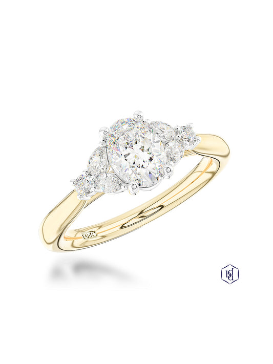 Amara Oval 0.51ct Diamond Oval Cut Solitaire Ring in 18ct Yellow Gold with Pear & Brilliant Cut Diamond Shoulders
