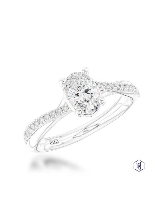 Skye Twist Oval 0.70ct Diamond Oval Cut Solitaire Ring in Platinum with Diamond Shoulders