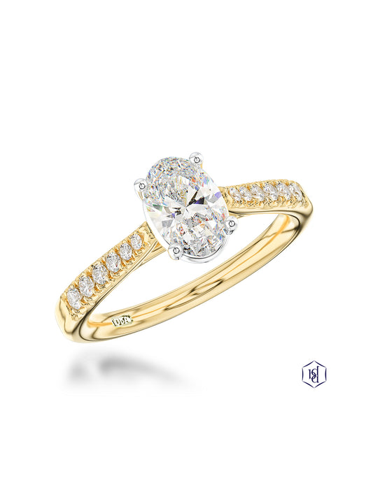 Skye Classic Oval 0.29ct Oval Cut Solitaire Ring in 18ct Yellow Gold with Diamond Shoulders