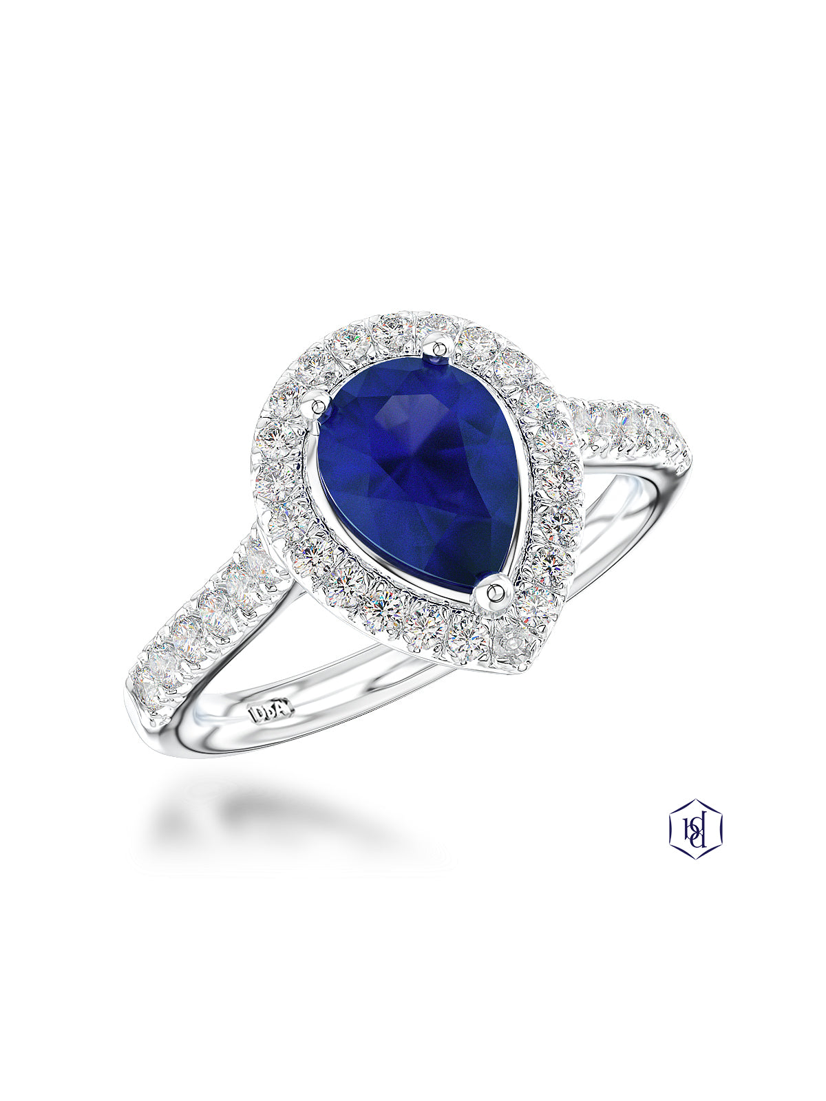 Skye Pear Sapphire & Diamond Cluster Ring with 0.76ct Pear Cut Sapphire & 0.29ct Round Brilliant Diamond Halo & Shoulders in Platinum