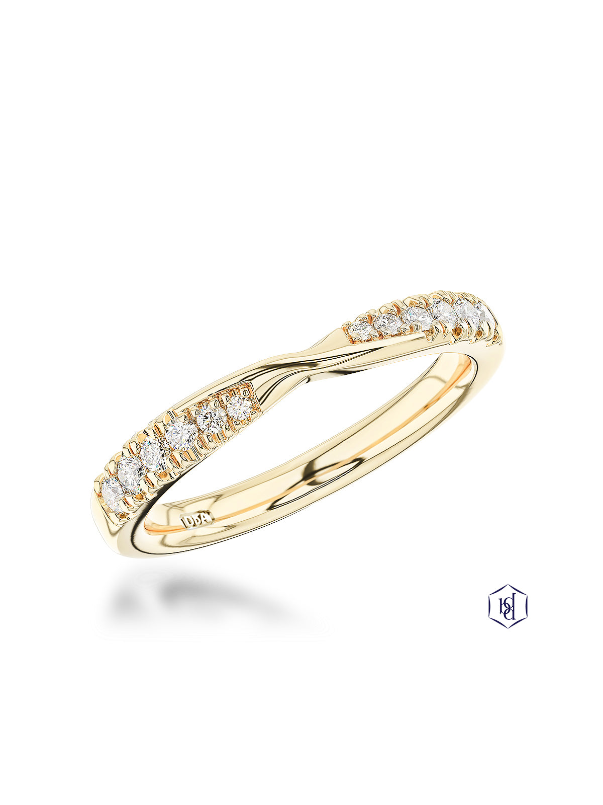 Yellow-gold diamond half eternity ring with twist centre on a white background.