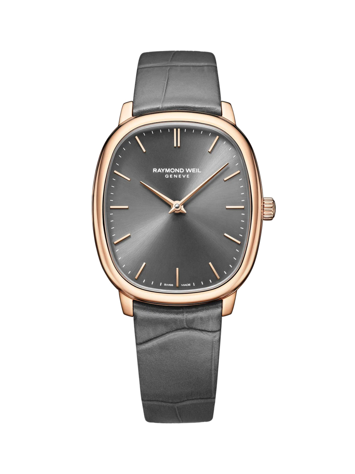 RAYMOND WEIL Toccata Heritage with 33 x 38mm case, leather strap and anthracite dial on a white background.
