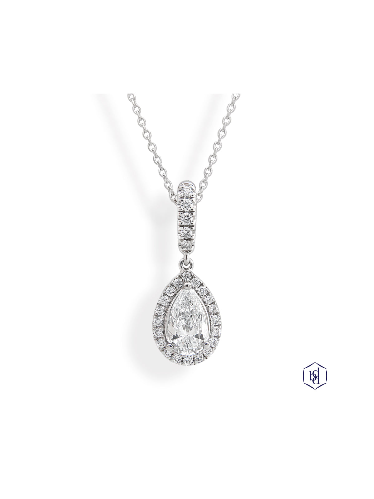 Skye Pear Diamond Cluster Pendant with 0.61ct Pear Cut Diamond & 0.15ct Diamond Halo in Platinum
