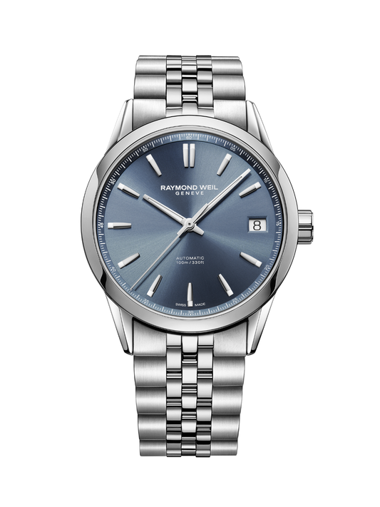Raymond Weil Freelancer Date watch with a steel bracelet and blue dial on a white background.