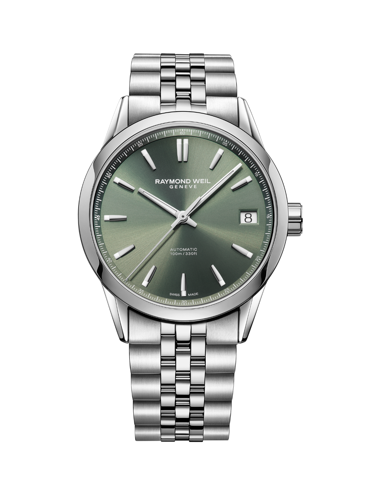 Raymond Weil Freelancer Date watch with a steel bracelet and green dial on a white background.