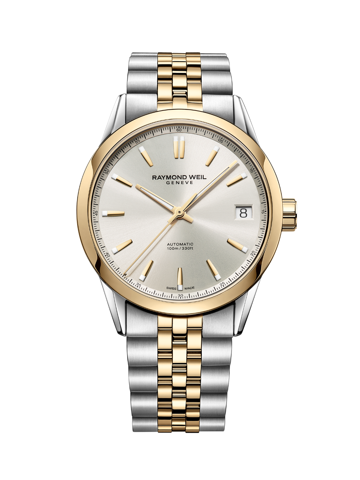 Raymond Weil Freelancer Date watch with steel and yellow-gold PVD bracelet and silver dial on a white background.