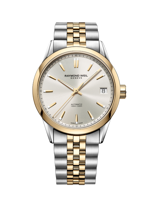 Raymond Weil Freelancer Date watch with steel and yellow-gold PVD bracelet and silver dial on a white background.