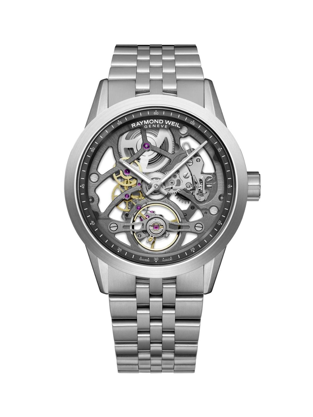 RAYMOND WEIL Freelancer Calibre RW1212 with 40mm case, steel bracelet and anthracite skeleton dial on a white background.