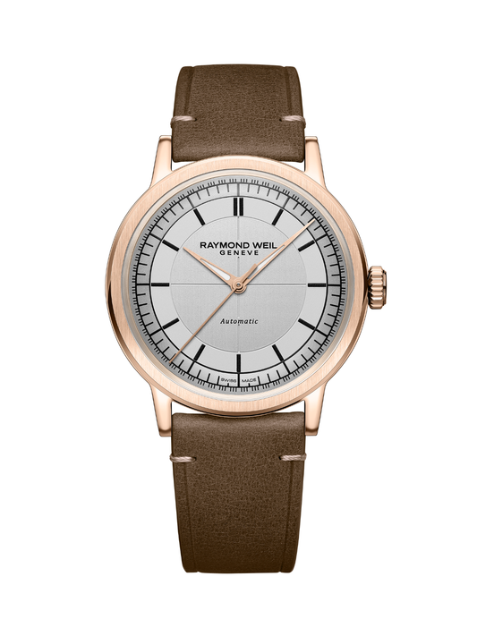 Raymond Weil Millesime Central Seconds watch with a rose-gold case, brown strap and silver dial on a white background.