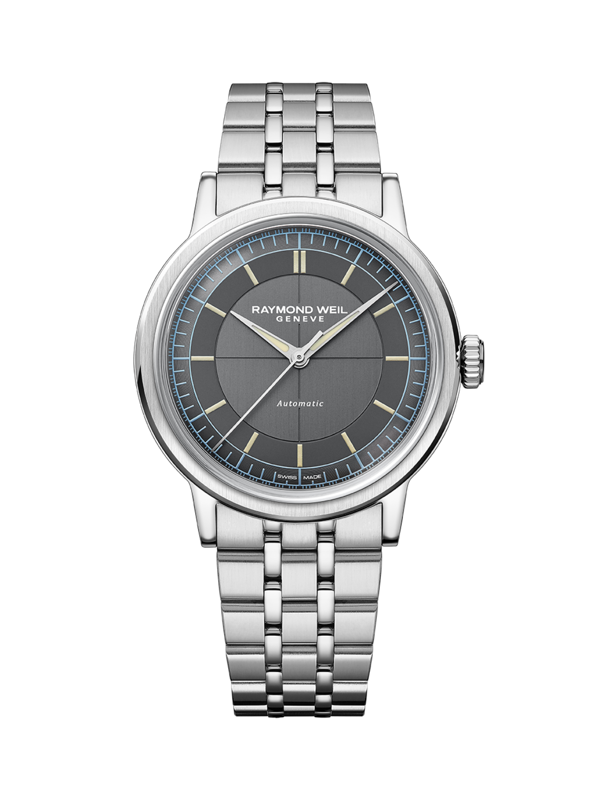 Raymond Weil Millesime Central Seconds watch with a steel bracelet and grey dial on a white background.
