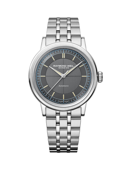 Raymond Weil Millesime Central Seconds watch with a steel bracelet and grey dial on a white background.