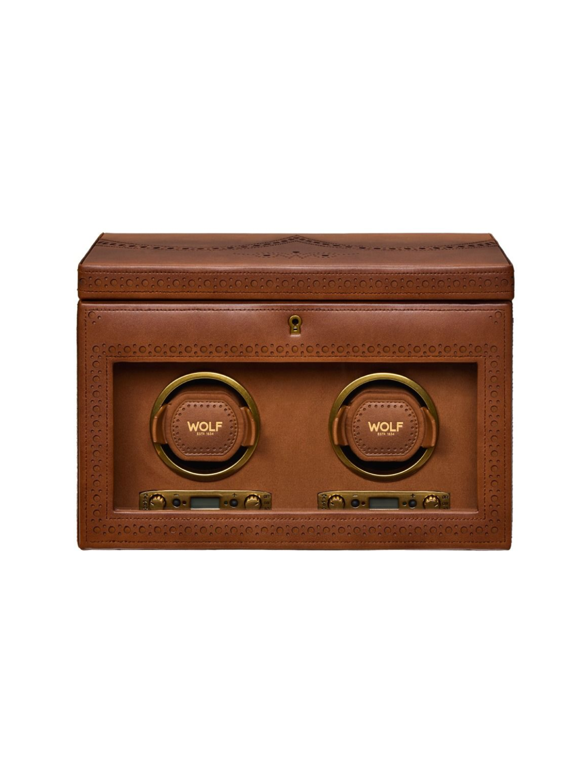 WOLF Brogue Double Watch Winder with Storage - Burnished Brown
