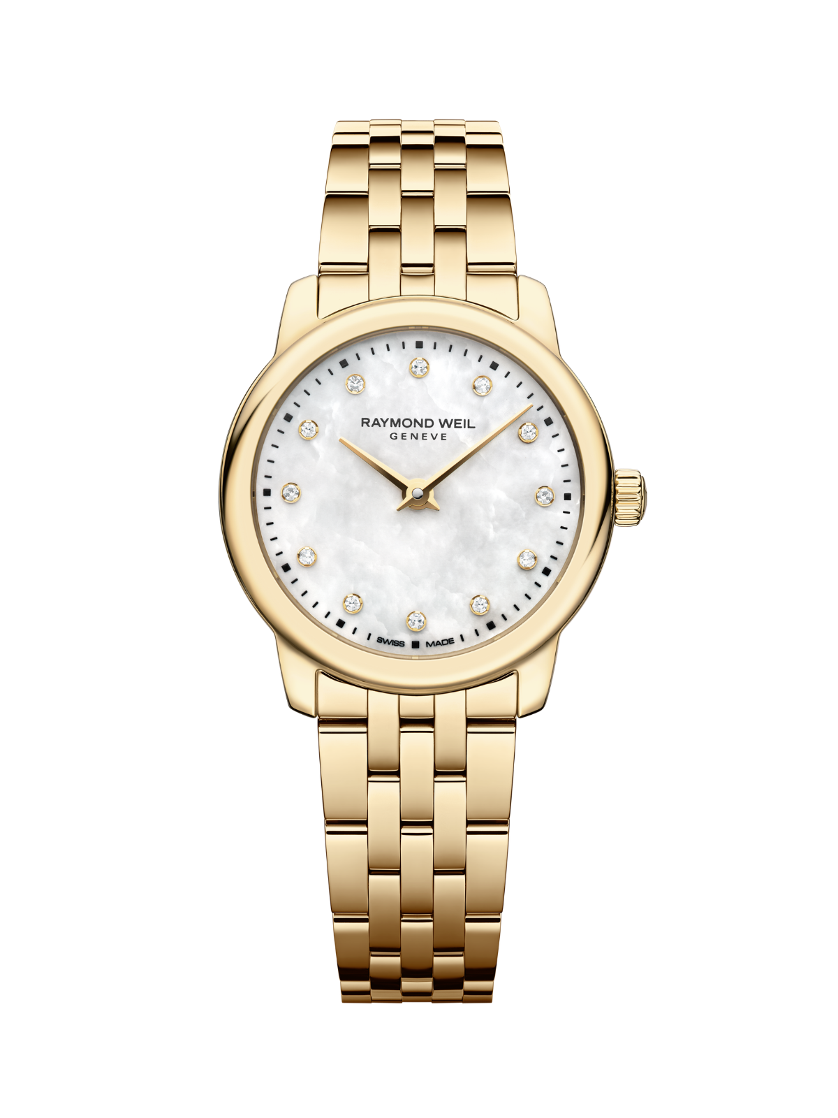 Raymond Weil Toccata Classic watch with a yellow gold-tone bracelet and white mother of pearl dial on a white background.