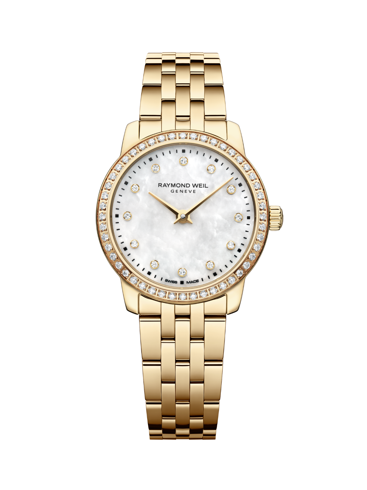 Raymond Weil Toccata Classic watch with diamond case, yellow gold-tone bracelet and mother of pearl dial on a white background.